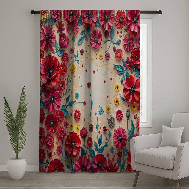 Rideaux rouges et roses à motif floral, 1 panneau, 50" x 92" - 1 Panel, Sheer