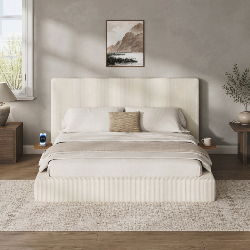 Cloud Upholstered Bed with Sliding Side Table, Queen