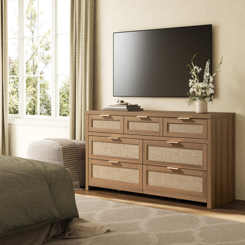 Commode bohémienne à 7 tiroirs de 56,88 po avec beaucoup de rangement, Chêne caramel