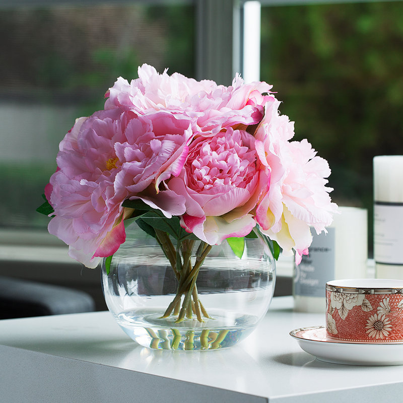10 " Faux Peony in Glass Vase, Pink