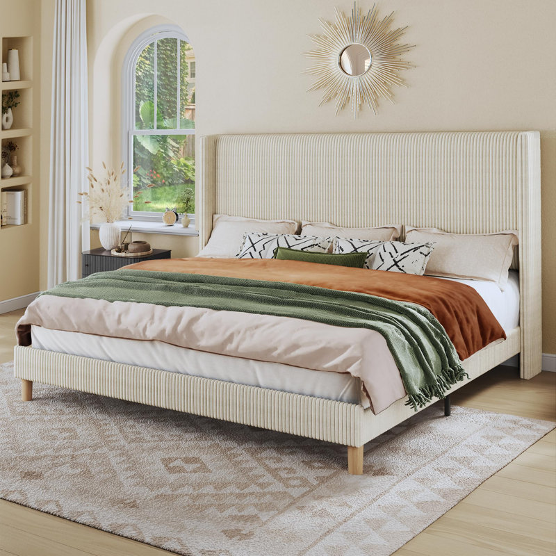 Corduroy Upholstered Bed Frame With Tall Headboard, Wingback Platform Bed, King, White