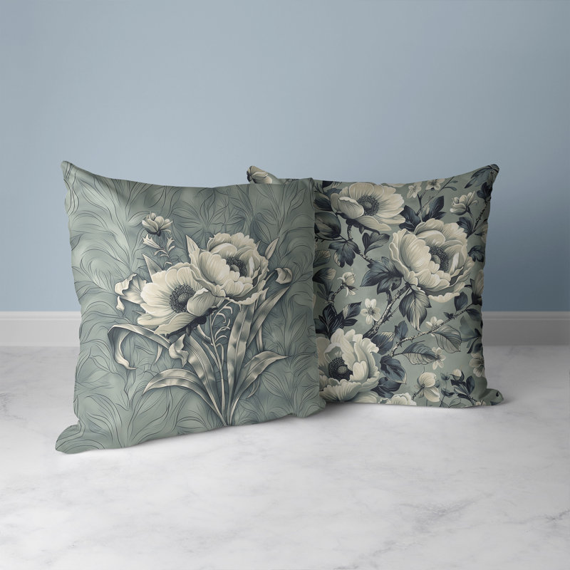 Coussin Peony, 20"H x 20"W, Bleu / Vert