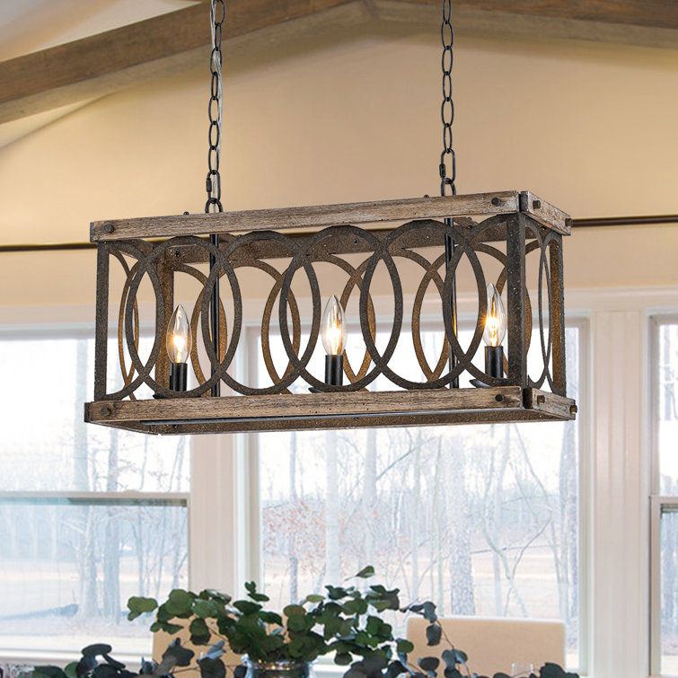 3 - Light Rustic Wood Kitchen Island Rectangular Chandelier