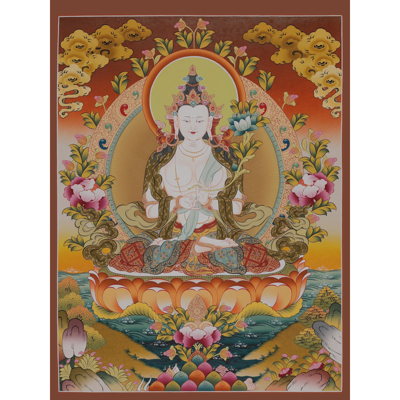 Bouddha chinois Thangka, art mural - divinité bouddhiste tibétaine peinte à la main, toile sans brocart avec or 24 carats, décor de méditation sérénité