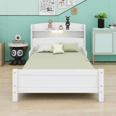 Bed With Bookcase Headboard ,LED Motion Sensor Light, Guardrails