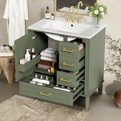 Ensemble de meuble-lavabo traditionnel, sur pied, longues poignées en métal doré