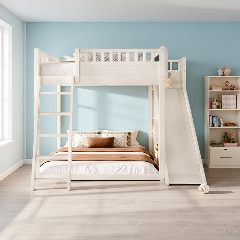 Lit mezzanine avec tête de lit tapissier et tablettes de rangement, complet avec échelle et glissade, Beige