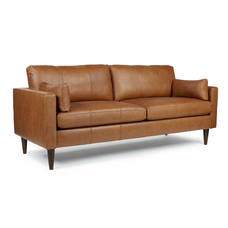 Canapé en cuir 81 po Viveros, Cuir véritable brun, Noyer foncé