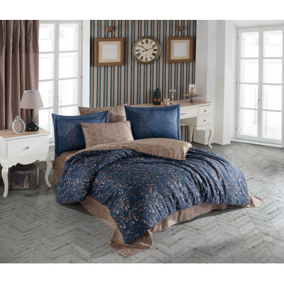 Luxurious Satin Double Quilt Cover Set, 100% Cotton, Gold & Dark Blue | Duvet Cover: 78.7 x 86.6 in, Flat Sheet: 94.5 x 102.4 in, 4 Pillowcases: 19.7 x 27.6 in | 210 Thread Count, Machine Washable, Elegant Bedroom Decor