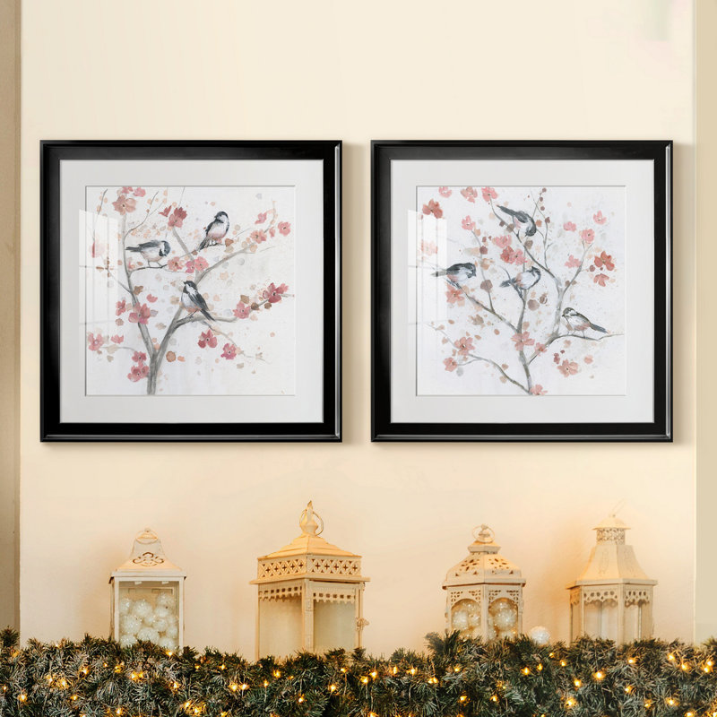 «Chickadees in Spring I», ensemble de 2 reproductions d'art encadrées, Toile avec cadre noir, Blanc