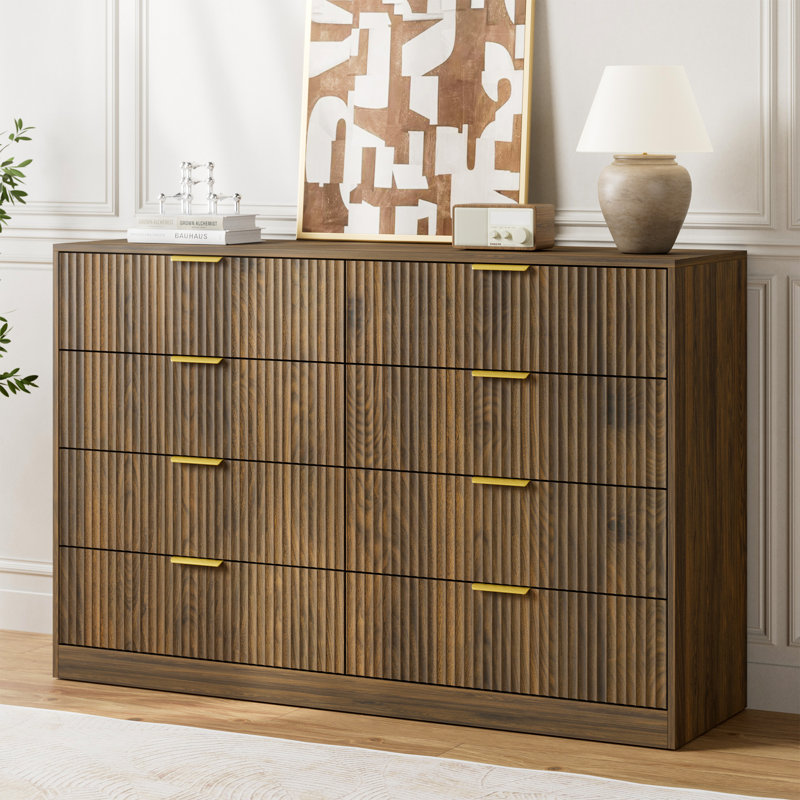 Fluted Dresser For Bedroom With 8 Drawers, 55" Wide Modern Chest Of Drawers With Metal Handle, Rustic Walnut