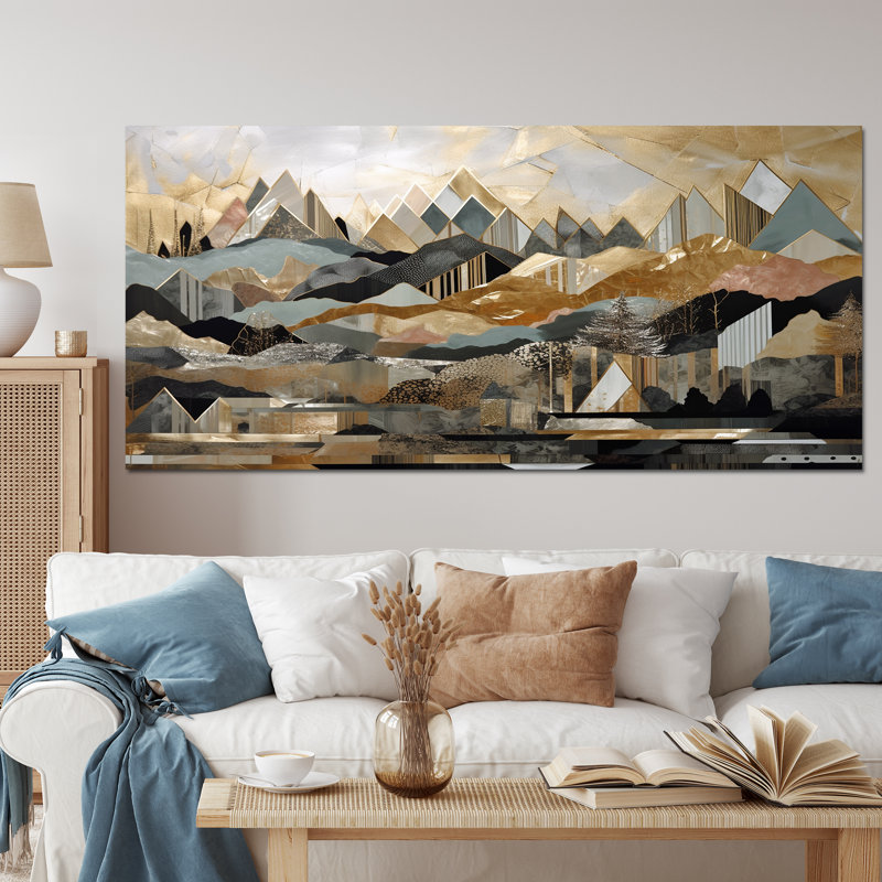 Gris et or géométrique Horizons I - art mural géométrique de la ville, Cadre simple noir, H 30 po x l 40 po x P 1,5 po
