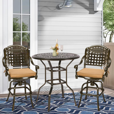 World Menagerie 3-Piece Patio Swivel Bar Set, All-Weather Cast Aluminum Outdoor High Bar Stool Bistro Set For Backyard Garden Deck With 2 Cushions Bar -  BC00418B216848F2BAD1B0B79A3398F3