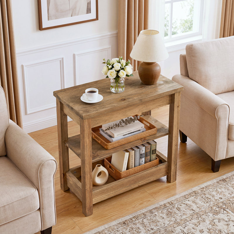 Solid Wood End Table with 3-Tier Storage