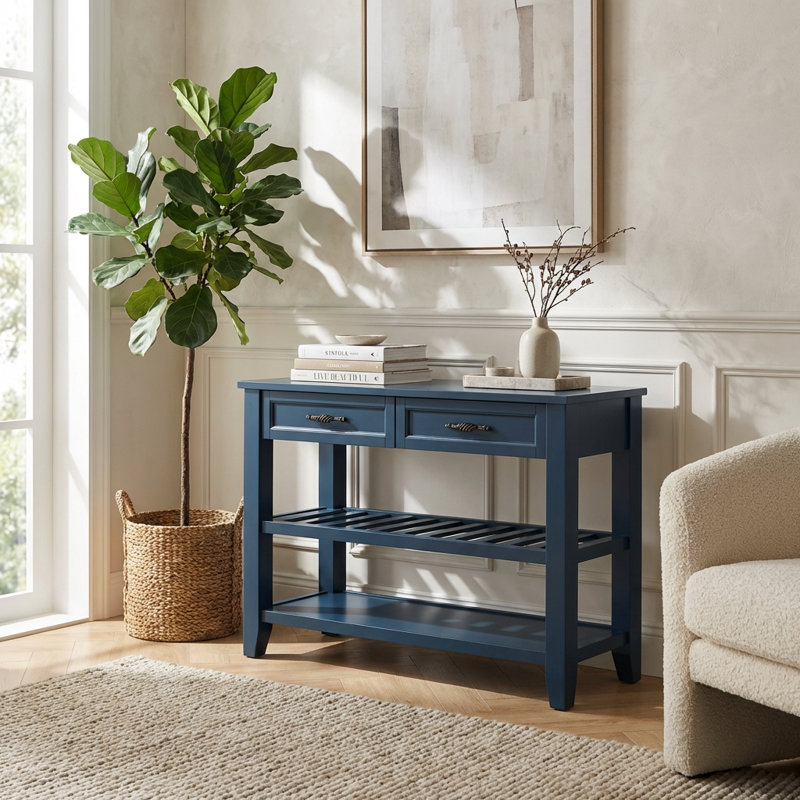 Console de style Mid-Century avec deux tiroirs de rangement et deux tablettes ouvertes, fabrication en bois massif