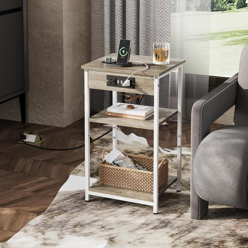 Carbin Nightstand with Power Outlets & USB for Bedroom, End Table with 3-Tier Adjustable Shelf, Farmhouse Side Table for Small Spaces, Couch Table For Living Room