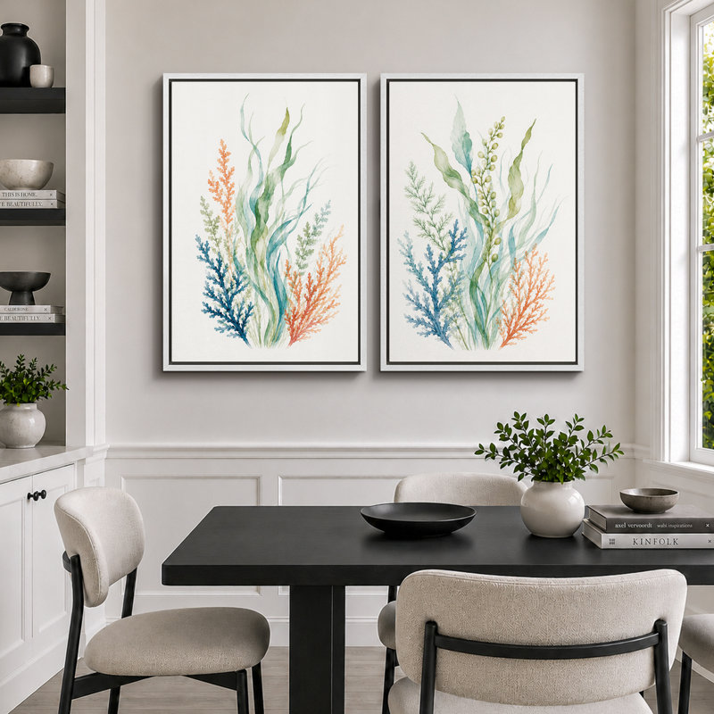 Seaweed Coral Botanical Art, Bathings, H 24 po x l 32 po x P 1,5 po, White Frame