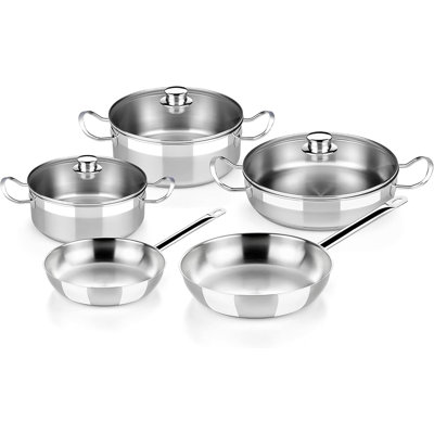 BRA COOKWARE Profesional 8-Piece Stainless Steel Cookware Set | Professional Pots & Pans Set | Kitchen Set w/ 2 Pots, 1 Sauté Pan, 2 Frying Pans, 3 Li