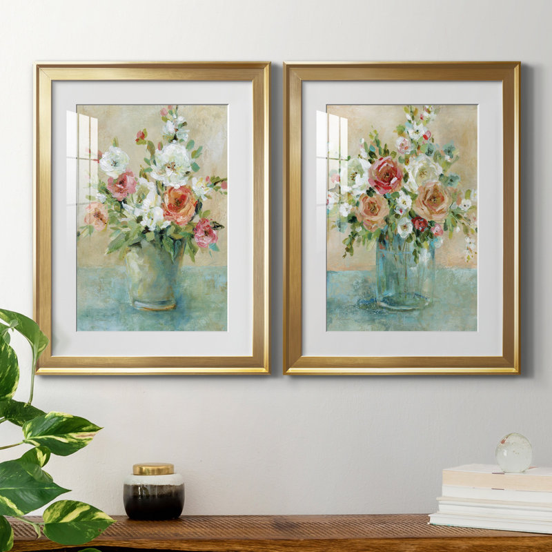 Sun Drenched Bouquet - Ensemble de 2 reproductions d'art, H 18,5 po x l 49 po x P 1,5 po, Papier encadré doré, Blanc