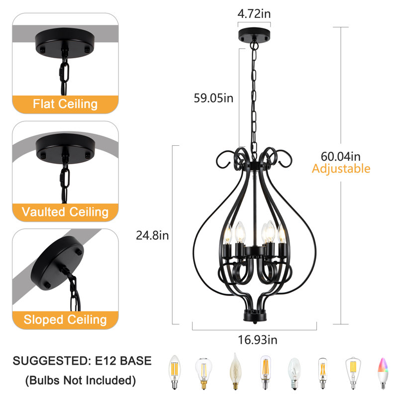  6 - Light Industrial Dimmable Modern Curved Geometric Black Chandelier-16.93"W x60.04"H