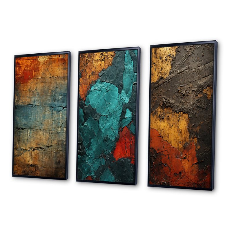 Passage Of Time Vintage Nutshell And Retro Blue - Transitional Art Set Of 3 Pieces, Cadre noir, H 32 po x l 48 po