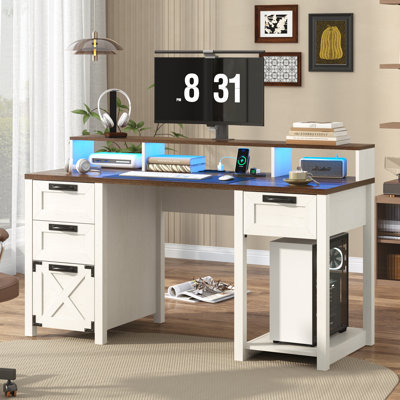 Bureau d'ordinateur 59 "avec tablette pour moniteur, prise de courant, lumières DEL et 4 tiroirs classeurs, bureau de maison en bois de ferme, bureau d'écriture d'ordinateur