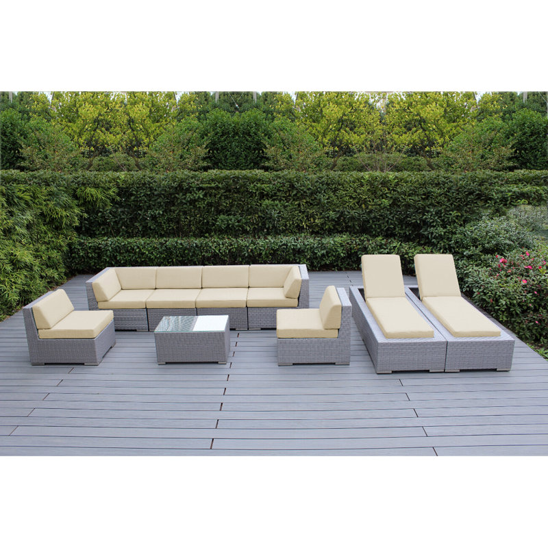 Ensemble de conversation modulaire en rotin avec coussins 9 pièces Barna - aucun assemblage requis, gris