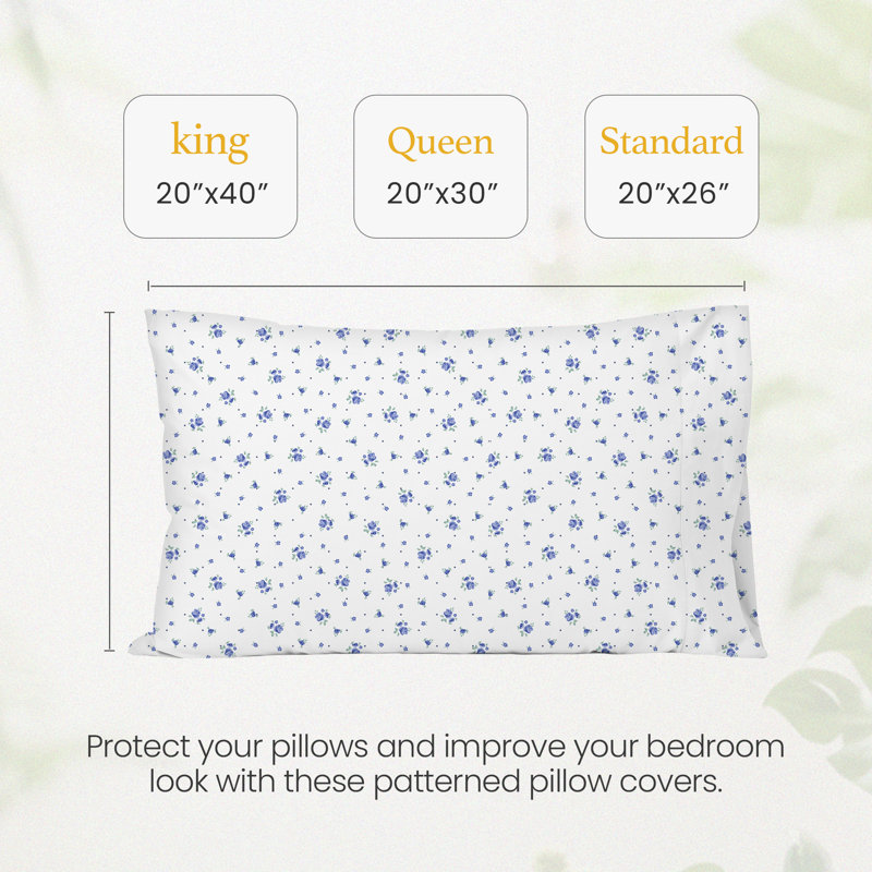 Digital Printed Patterned Fabric Pillowcases Set, Blue Floral, Queen Pillow Case
