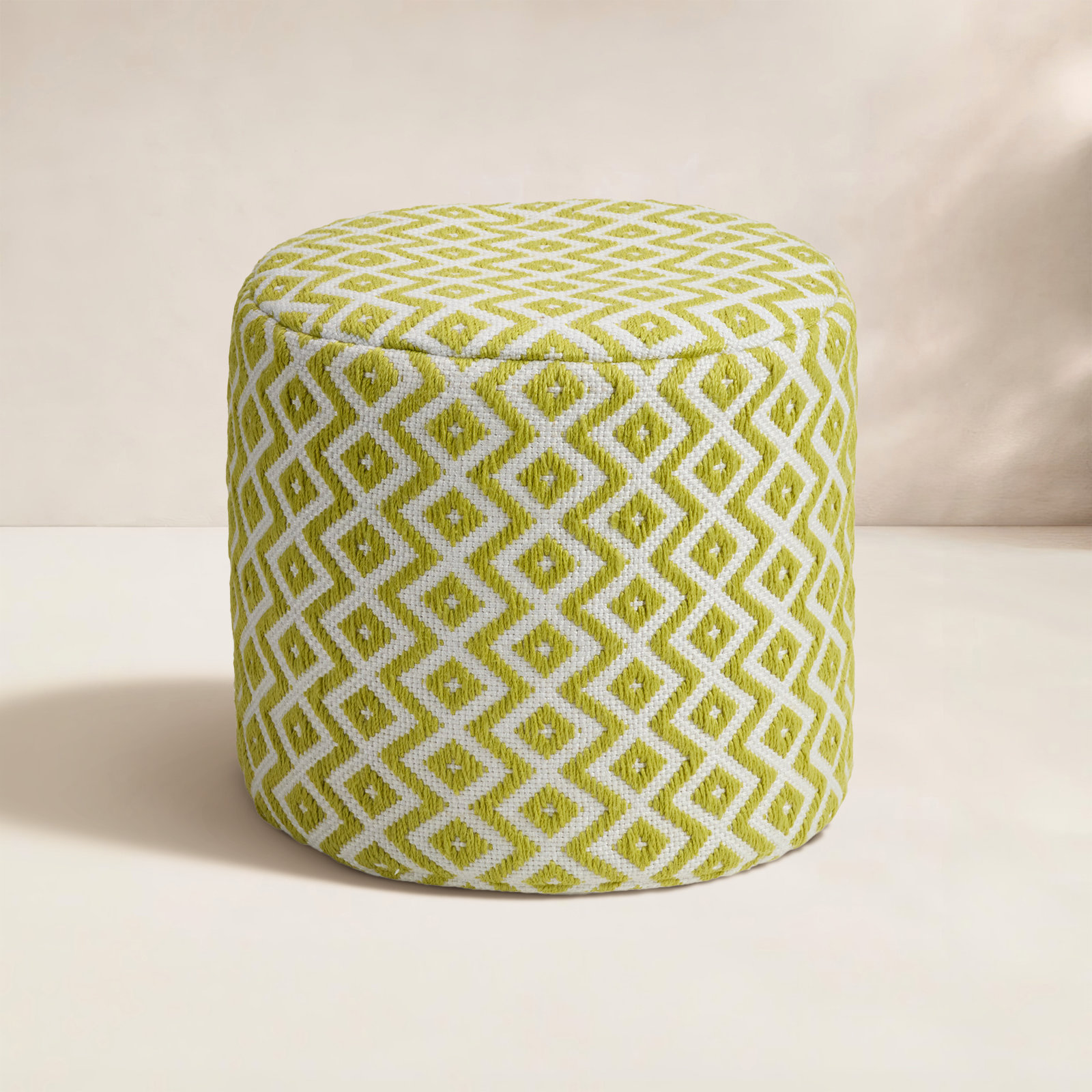 Destina Round Upholstered Outdoor Ottoman, Light Green/Ivory Polyester