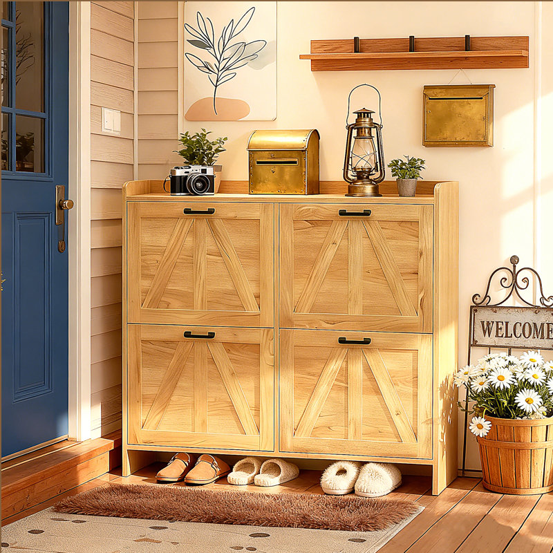 Shoe Cabinet With 4 Flip Drawers, Light Oak