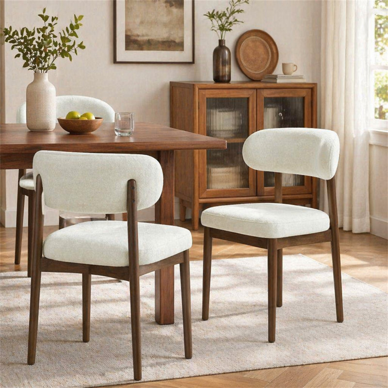 Ensemble de 2 chaises de salle à manger rembourrées en bois d'hévéa de style Mid-Century, Milky white-chenille