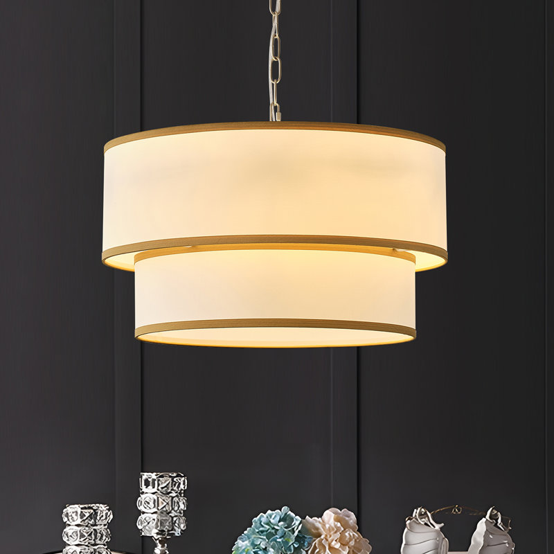 Lustre tambour 5 lumières en tissu blanc, Doré