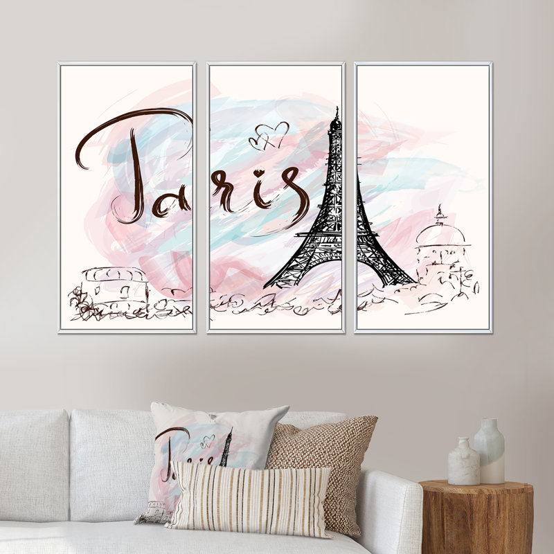 With With Paris Eiffel Tower - 3 pièces, cadre flottant, impression sur toile, Cadre blanc, L 48 po x H 32 po