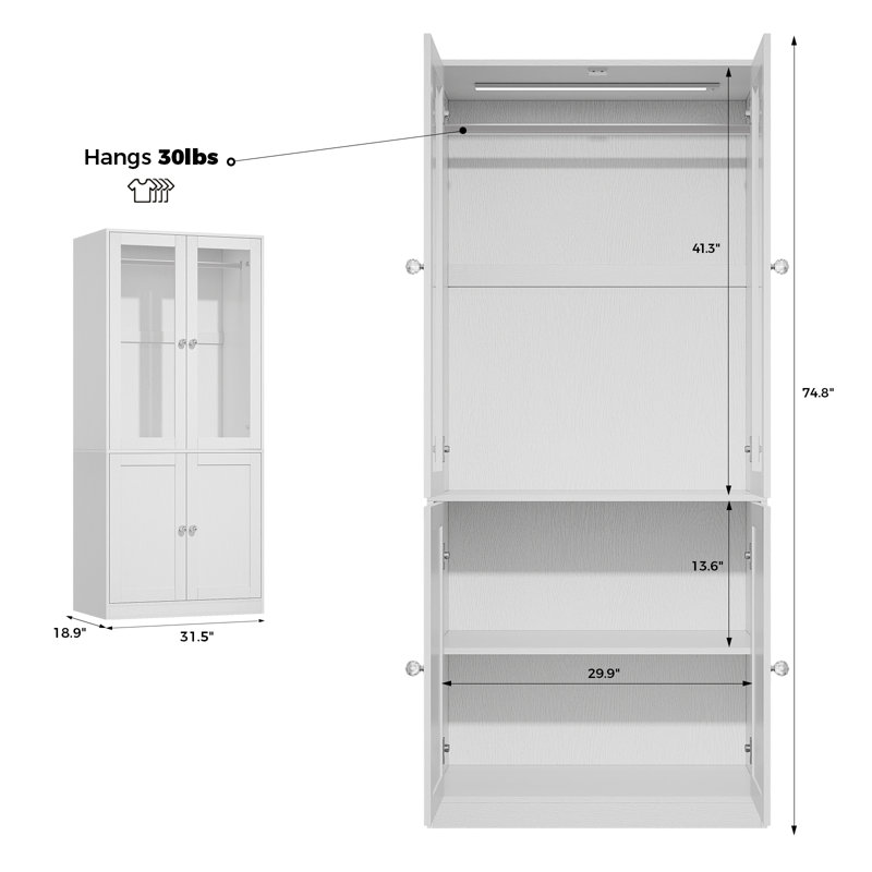 75" Tall Armoire Wardrobe Closet with Drawers & Lights, Clothing Storage Cabinet with 2 Glass Doors , White