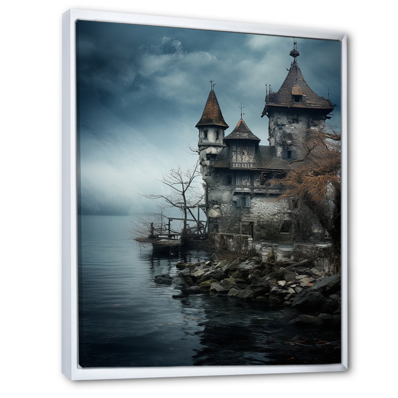 «Mysterious Castle By The Misty Lake», reproduction sur toile, H 32 po x l 16 po, Cadre flottant blanc