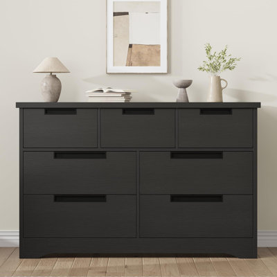 Commode 7 tiroirs pour chambre à coucher, grande commode de 55 po de large avec tiroirs profonds, armoire de rangement moderne en bois de style Mid-Century pour le salon, le vestibule, le couloir, noir