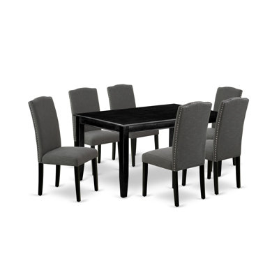 7 Piece Dining Table Set Consist of a Rectangle Kitchen Table and 6 Black Faux Leather Parson Dining Chairs, Black