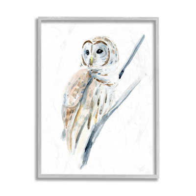 Soft Arctic Owl Perched on Minimal Branch Gray Farmhouse Rustic Framed Giclee Texturized Art by Annie Warren