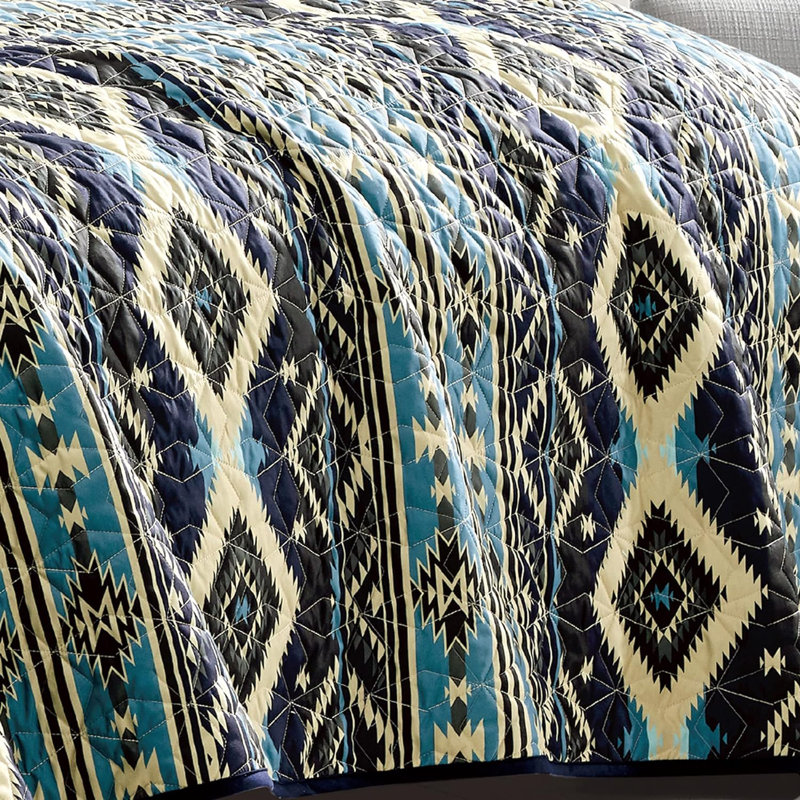 Queen Size Blue and Beige Reversible Polyester Quilt Set