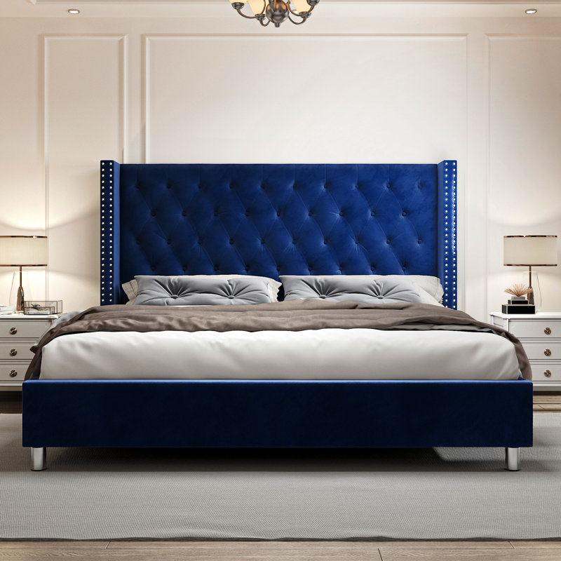 Duluth Upholstered Wingback Bed, King, Navy