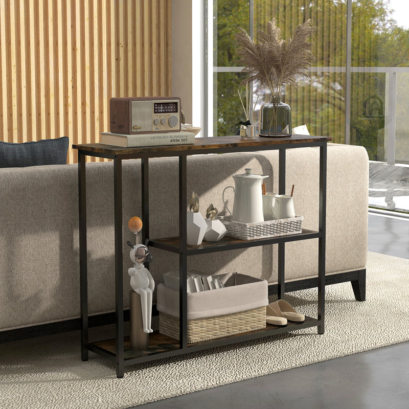 Console 39 po, canapé moderne avec 2 tablettes de rangement, structure en acier, table d'entrée étroite pour le couloir, brun