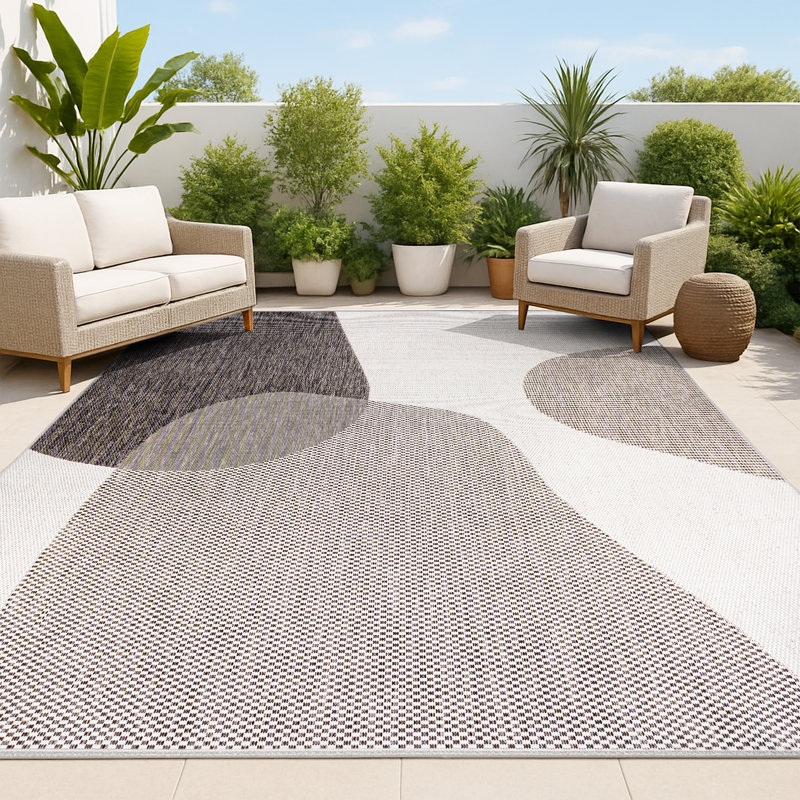 Tapis d'intérieur / extérieur crème / noir à motif géométrique moderne Daniel, Rectangle 7 pi 10 po x 10 pi