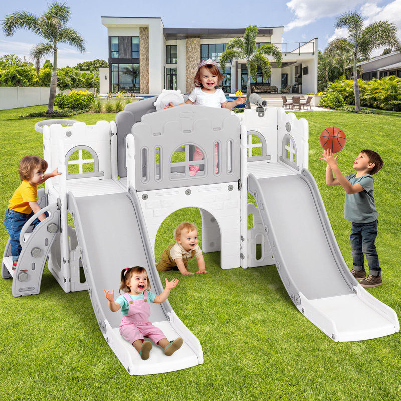 Joyldias 70.9'' W 9 In 1  Plastic Climber Toddler Slide, Toddler Playground With Double Slides,, Gray/White