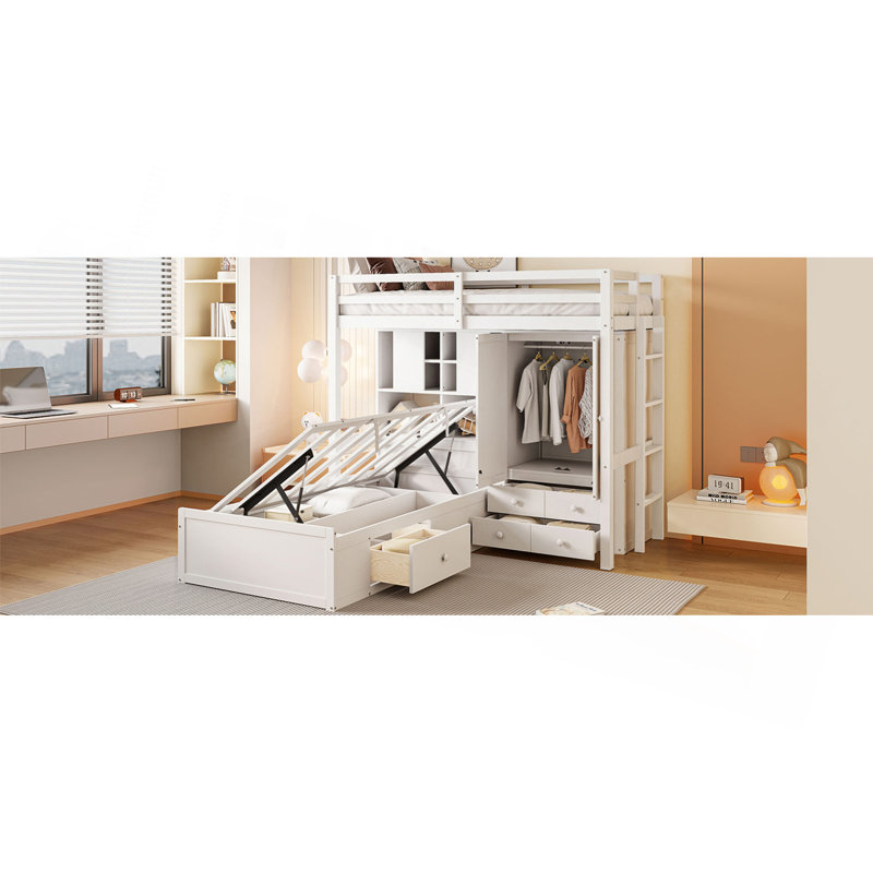 Twin Bunk Bed with Hydraulic Lift System, 6 Drawers, Blanc