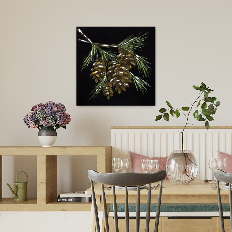 Art contemporain avec brindille de pin, H 18 po x l 18 po