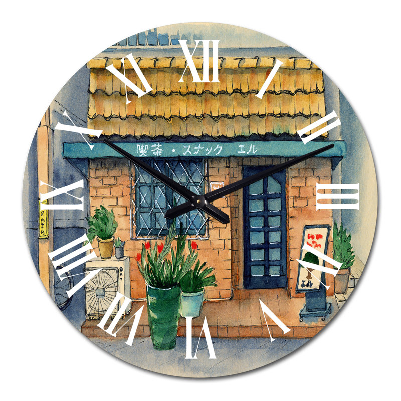 Petit café asiatique sous un toit de tuiles - horloge murale industrielle, Moyen