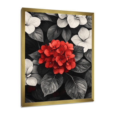 Hortensias monochromes avec décor de pétales rouges II - art mural floral