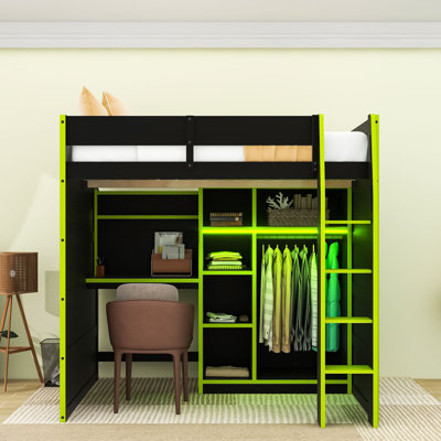 Full Wood Loft Bed With Desk, RGB Lights, Storage Shelves And Open Wardrobe