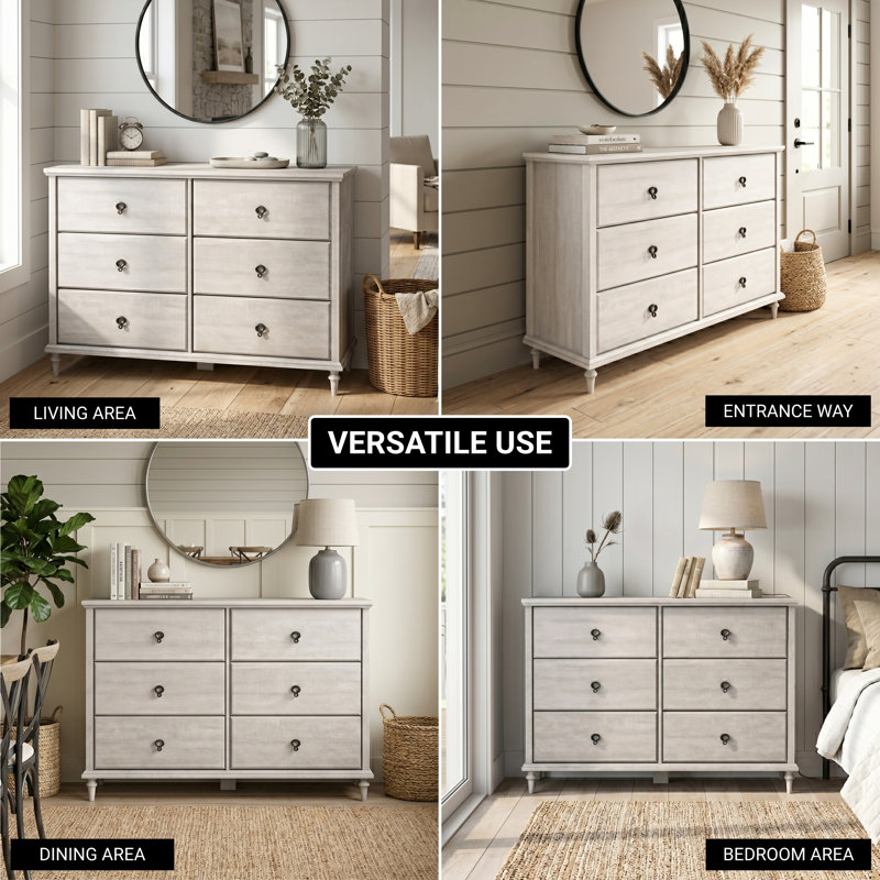 Aleana 46.2" W Solid Wood Tapered Legs 6-Drawer Double Dresser, Dusty Gray Oak