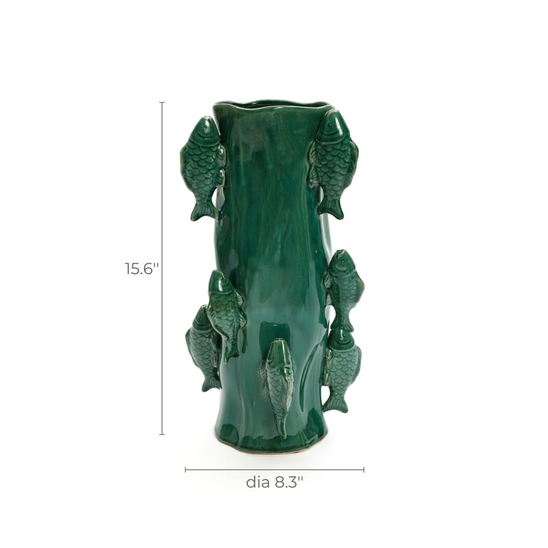 15-Inch Tall Marine Green Ceramic Vase with 3D Fish Detail – Nautical Inspired Table Vase